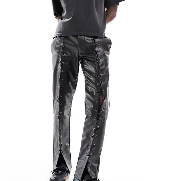 ASOS Slim Vegan Leather Front Lace Up Black Pants SZ 36x32 - Picture 1 of 7